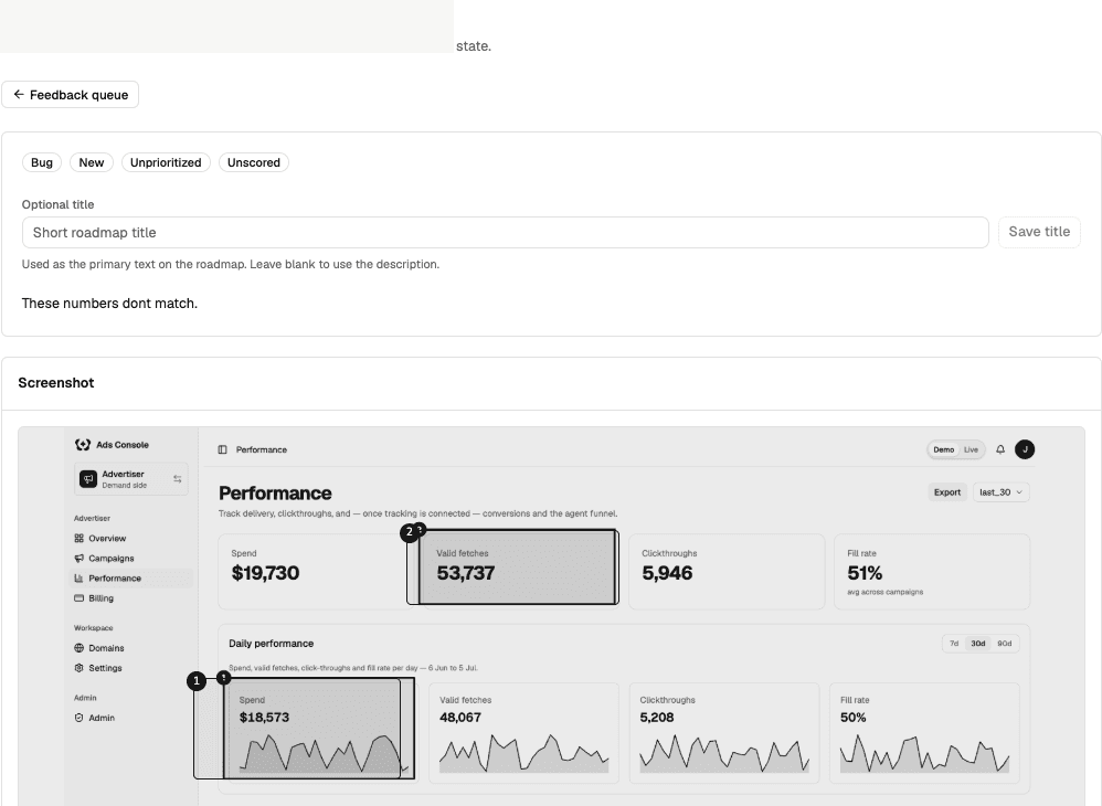 Feedy feedback detail view with evidence, notes, and implementation context