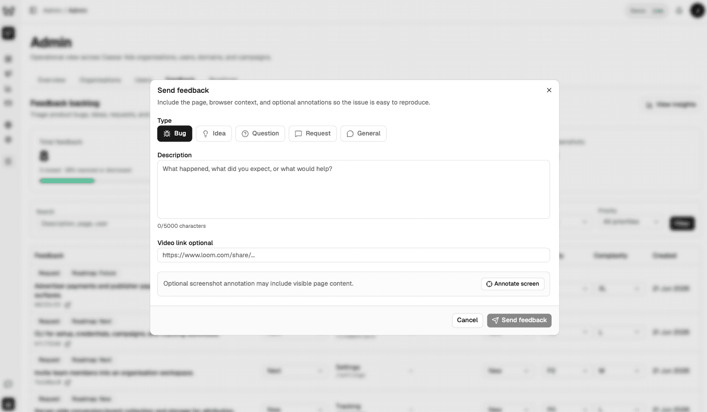Feedy feedback widget open over a blurred product page background before a screenshot is attached